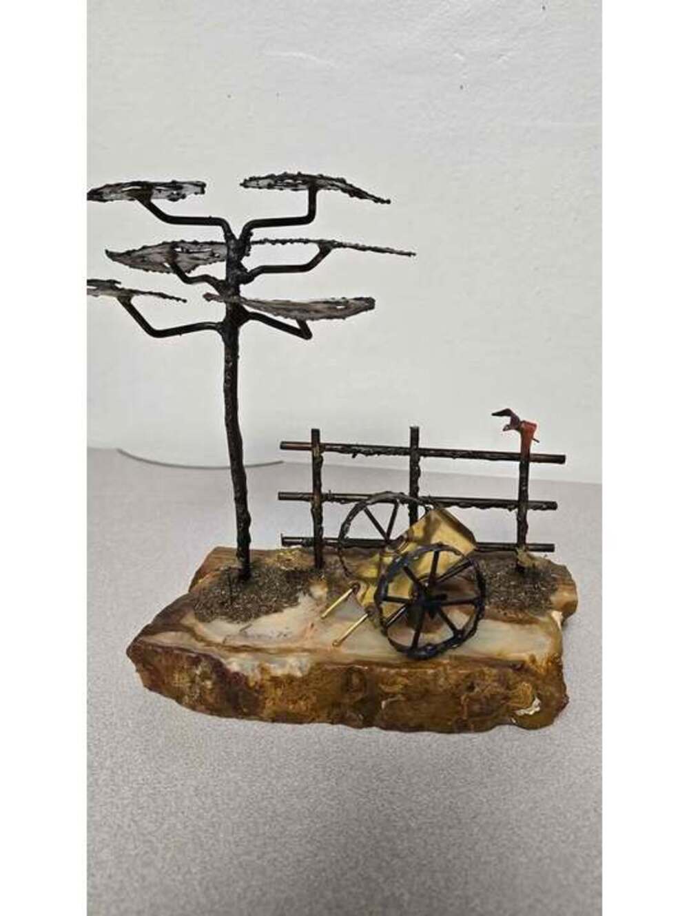 Signed Brutalist Sculpture by Jamire – Cart & Tree on Agate – Metal Art